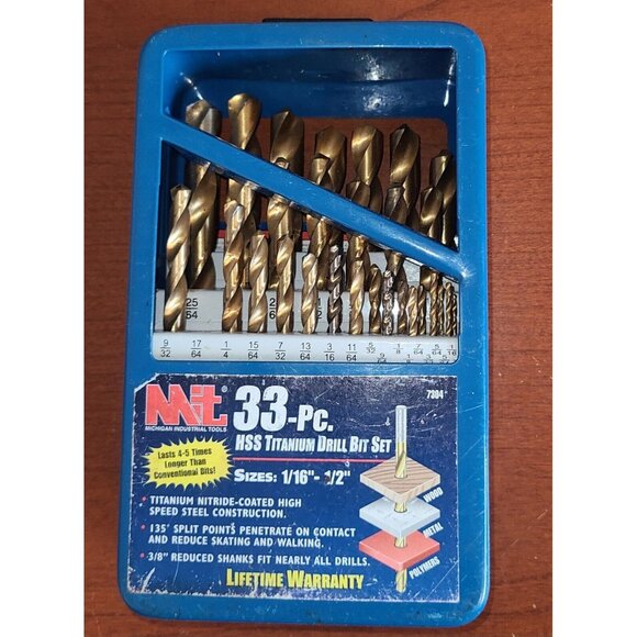 32 Pc HSS MIT. HSS Titanium Drill Bit Set 1/16"-1/2" (No 17/64 bit) Barely Used - Picture 1 of 5